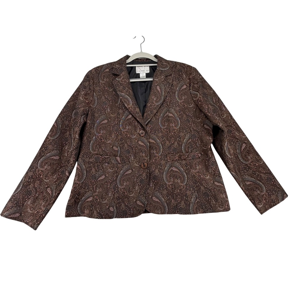 Susan Graver Style Womens L Brown Paisley Jacquard Blazer Jacket 2 Button Lined